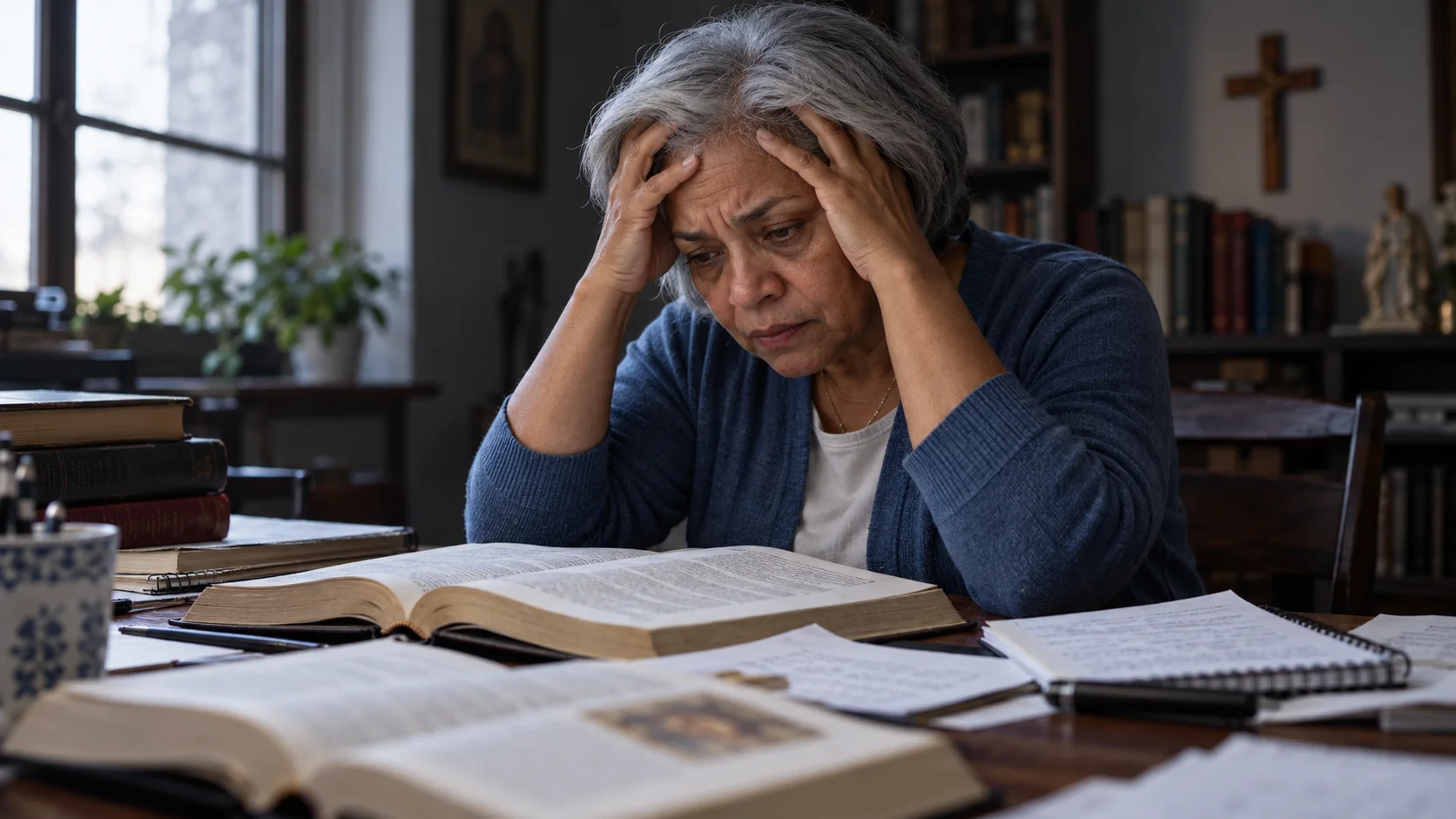 Mulher desanimada e sobrecarregada diante dos livros de estudo